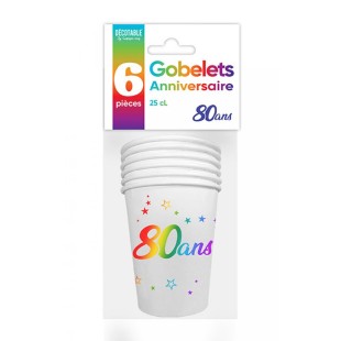 6 gobelets 80 ans Joyeux Anniversaire multicolore