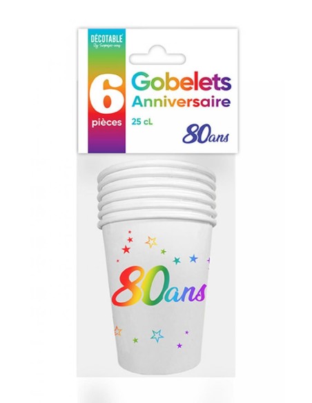 6 gobelets 80 ans Joyeux Anniversaire multicolore