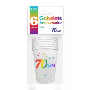 6 gobelets 70 ans Joyeux Anniversaire multicolore