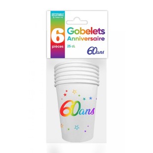 6 gobelets 60 ans Joyeux Anniversaire multicolore