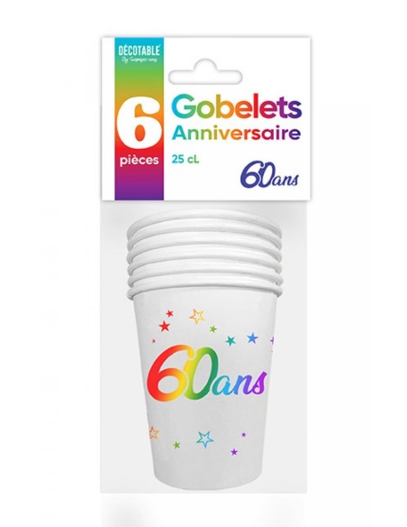 6 gobelets 60 ans Joyeux Anniversaire multicolore