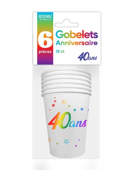 6 gobelets 40 ans Joyeux Anniversaire multicolore