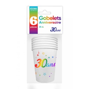 6 gobelets 30 ans Joyeux Anniversaire multicolore