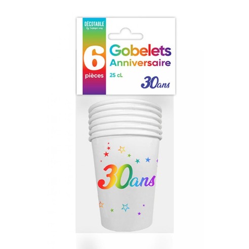 6 gobelets 30 ans Joyeux Anniversaire multicolore