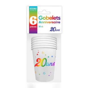 6 gobelets 20 ans Joyeux Anniversaire multicolore