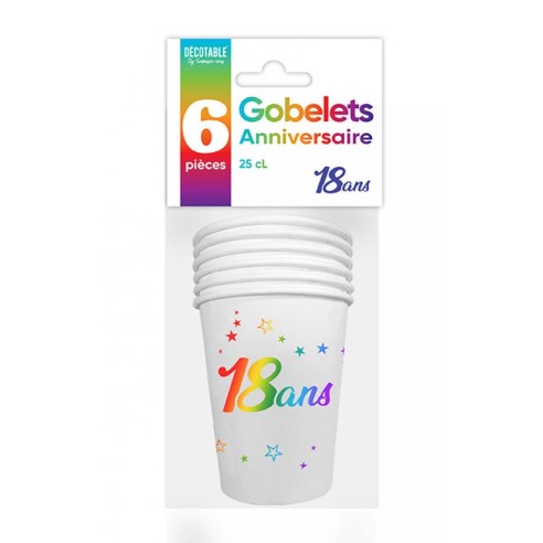 6 gobelets 18 ans Joyeux Anniversaire multicolore