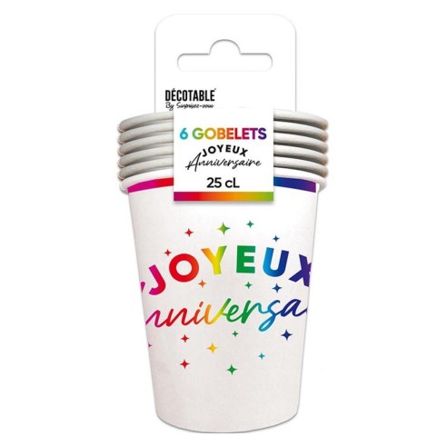 6 gobelets Joyeux Anniversaire multicolore