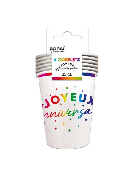 6 gobelets Joyeux Anniversaire multicolore