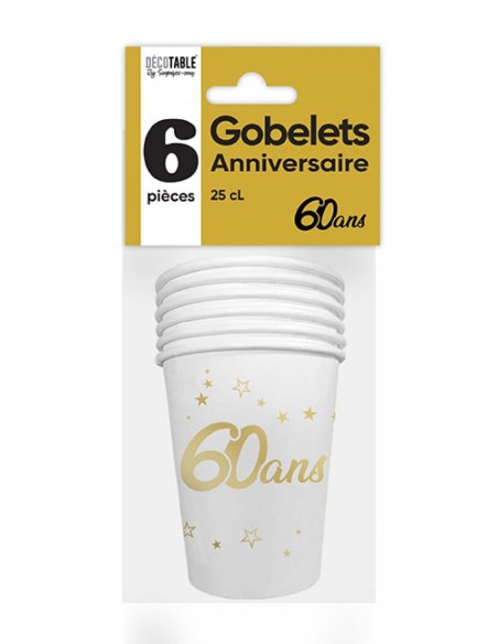 6 gobelets 60 ans Joyeux Anniversaire doré