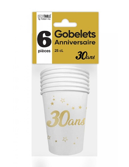 6 gobelets 30 ans Joyeux Anniversaire doré