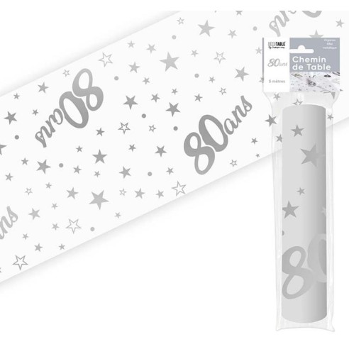 Chemin de table 80 ans Joyeux Anniversaire argenté 5 mètres