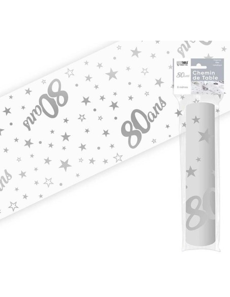 Chemin de table 80 ans Joyeux Anniversaire argenté 5 mètres