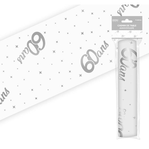 Chemin de table 60 ans Joyeux Anniversaire argenté 5 mètres