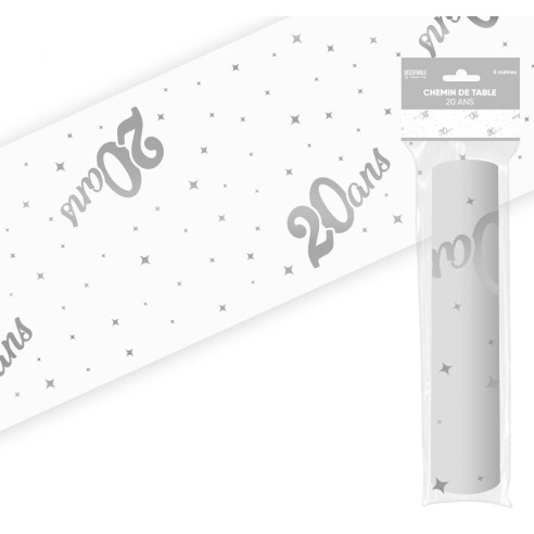 Chemin de table 20 ans Joyeux Anniversaire argenté 5 mètres