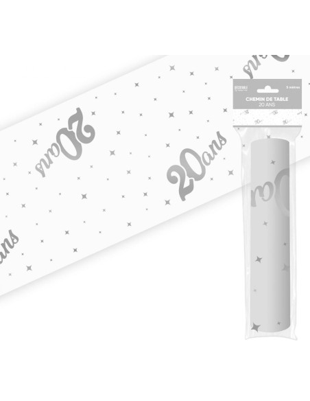 Chemin de table 20 ans Joyeux Anniversaire argenté 5 mètres
