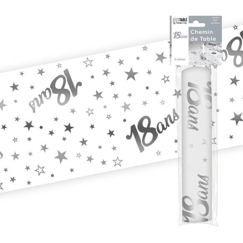 Chemin de table 18 ans Joyeux Anniversaire argenté 5 mètres