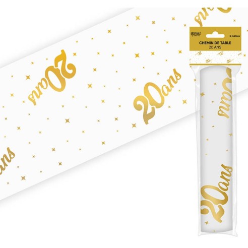 Chemin de table 20 ans Joyeux Anniversaire doré 5 mètres