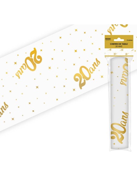 Chemin de table 20 ans Joyeux Anniversaire doré 5 mètres