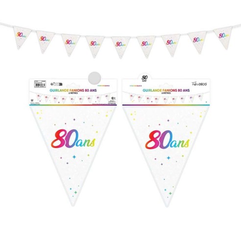 Guirlande fanions anniversaire 80 ans multicolore 6m déco de salle