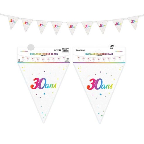 Guirlande fanions anniversaire 30 ans multicolore 6m déco de salle