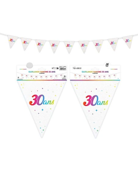 Guirlande fanions anniversaire 30 ans multicolore 6m déco de salle