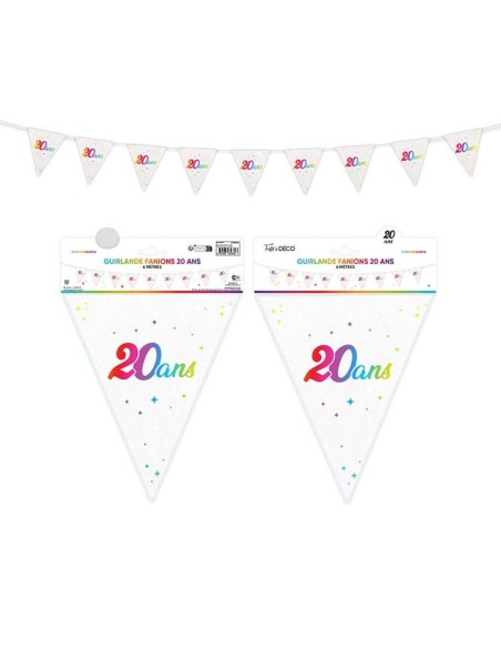 Guirlande fanions anniversaire 20 ans multicolore 6m déco de salle