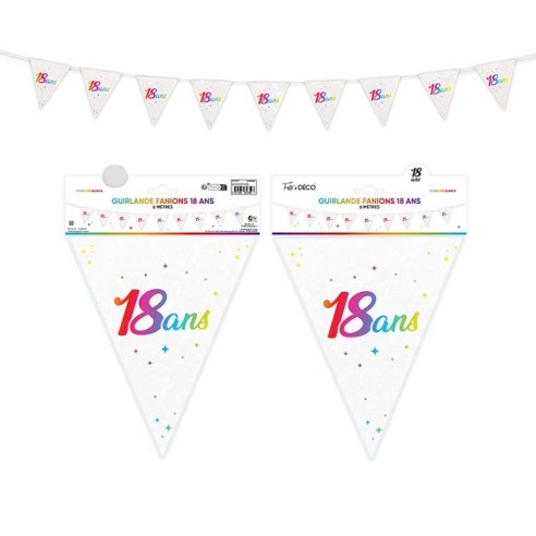 Guirlande fanions anniversaire 18 ans multicolore 6m déco de salle