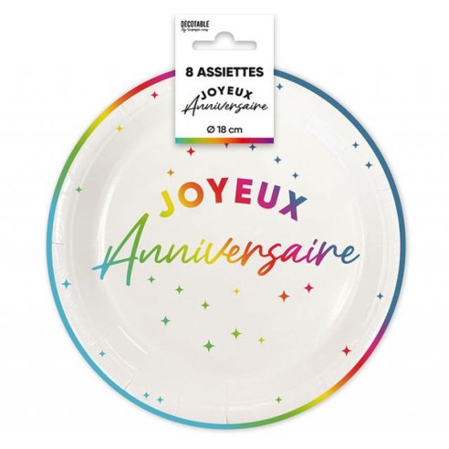 Assiettes Joyeux Anniversaire colorées 18cm pour adultes et enfants