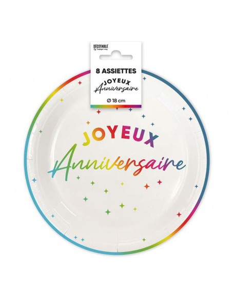 Assiettes Joyeux Anniversaire colorées 18cm pour adultes et enfants