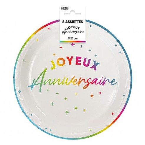 Assiettes Joyeux Anniversaire colorées 23cm pour adultes et enfants