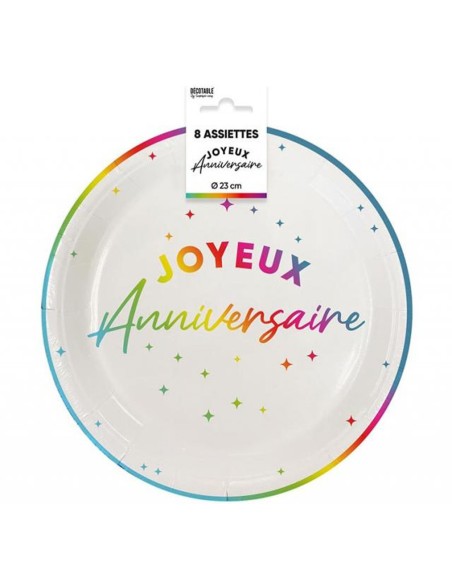 Assiettes Joyeux Anniversaire colorées 23cm pour adultes et enfants