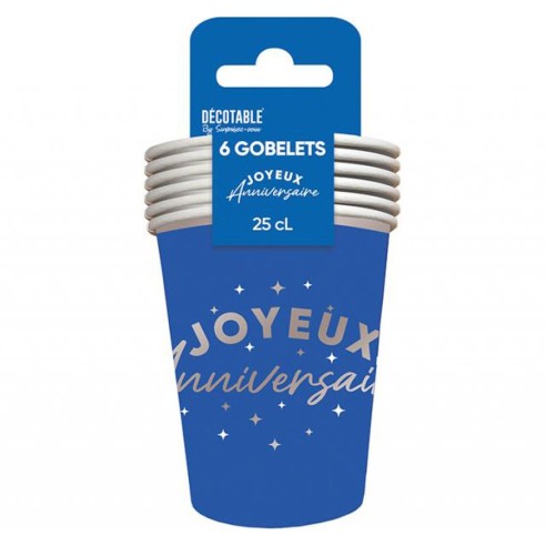 6 gobelets Joyeux Anniversaire colorés 25cl pour adultes et enfants
