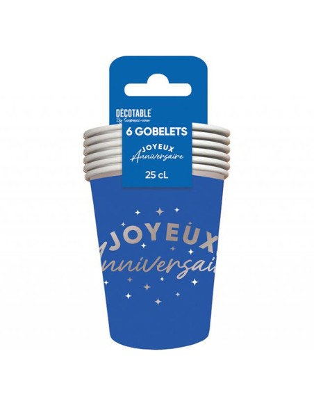 6 gobelets Joyeux Anniversaire colorés 25cl pour adultes et enfants