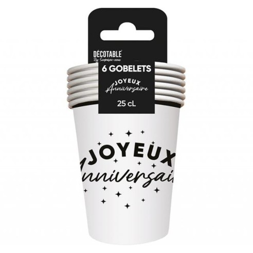 6 gobelets Joyeux Anniversaire colorés 25cl pour adultes et enfants