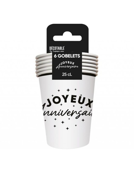 6 gobelets Joyeux Anniversaire colorés 25cl pour adultes et enfants