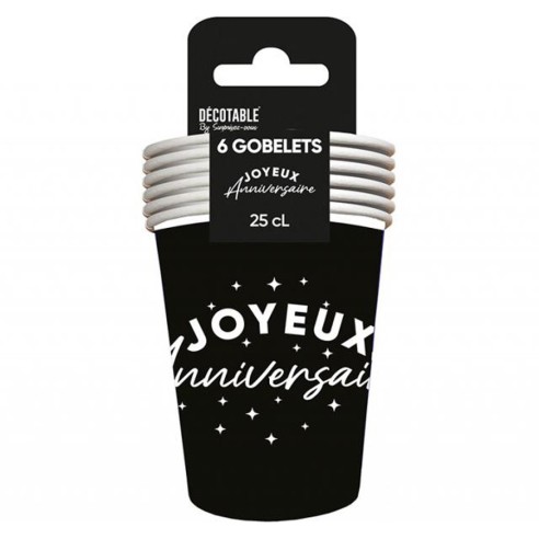 6 gobelets Joyeux Anniversaire colorés 25cl pour adultes et enfants