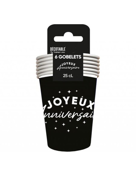 6 gobelets Joyeux Anniversaire colorés 25cl pour adultes et enfants