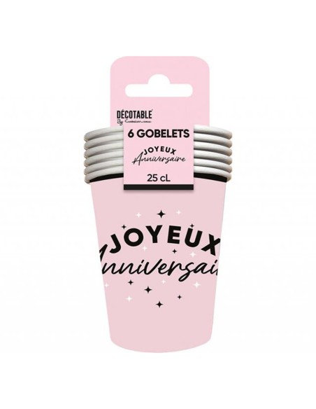6 gobelets Joyeux Anniversaire colorés 25cl pour adultes et enfants