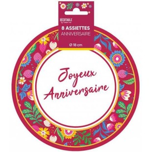 8 assiettes Joyeux Anniversaire ⌀ 18cm thème floral déco de table