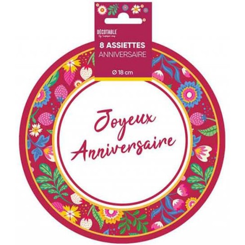 8 assiettes Joyeux Anniversaire ⌀ 18cm thème floral déco de table