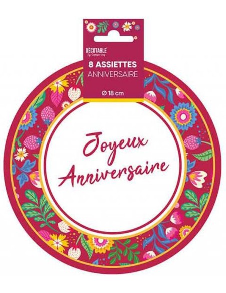 8 assiettes Joyeux Anniversaire ⌀ 18cm thème floral déco de table