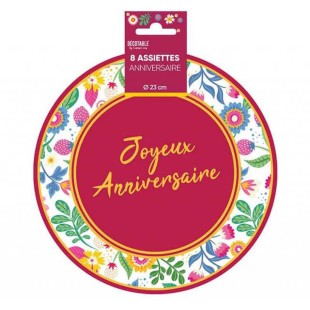 8 assiettes Joyeux Anniversaire ⌀ 23cm thème floral déco de table
