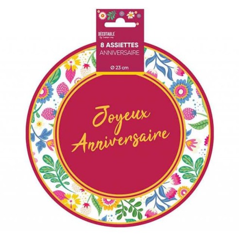 8 assiettes Joyeux Anniversaire ⌀ 23cm thème floral déco de table