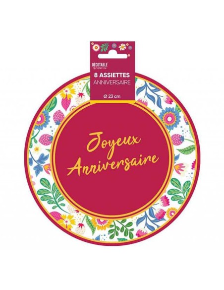 8 assiettes Joyeux Anniversaire ⌀ 23cm thème floral déco de table