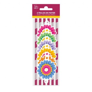 12 pailles thème floral Joyeux Anniversaire pour décoration de table