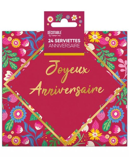 24 serviettes papier thème floral Joyeux Anniversaire