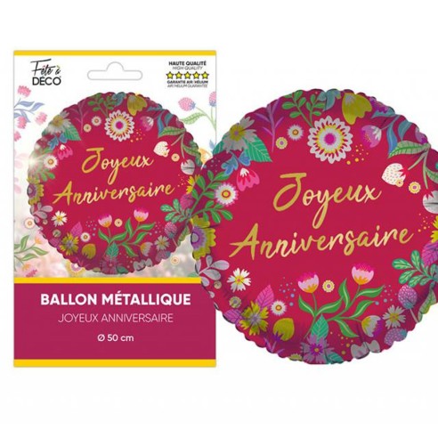 Ballon Joyeux Anniversaire métallisé thème floral pour déco de salle