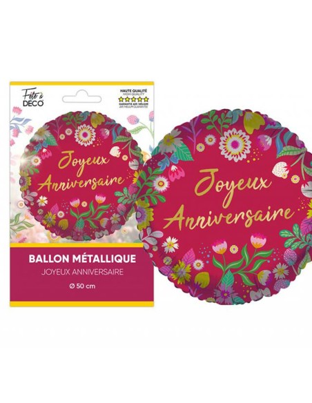 Ballon Joyeux Anniversaire métallisé thème floral pour déco de salle