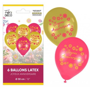 6 ballons Joyeux Anniversaire thème floral pour décoration de salle