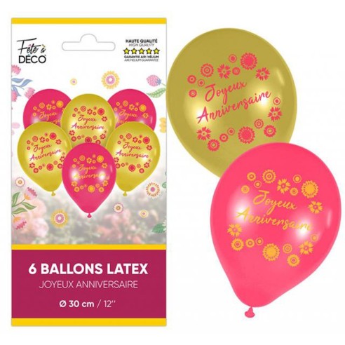 6 ballons Joyeux Anniversaire thème floral pour décoration de salle